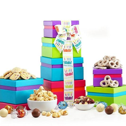 Broadway Basketeers Birthday Gift Basket Tower - Birthday Snack Box with Sweet and Savory Treats for Men, Women, & Kids