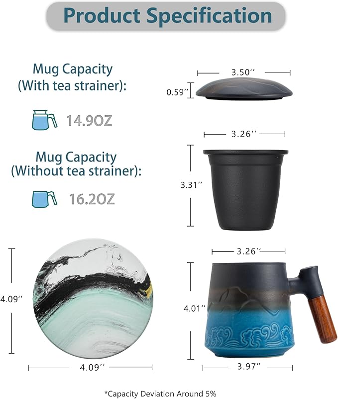 ZENS Tea Cup with Infuser and Lid for Loose Leaf Tea Steeper, 15.2 oz Ceramic Tea Mug with Fine Tea Strainers and Absorb Coaster, Wood Handle Large Diffusers Mugs Tea Lovers Gifts