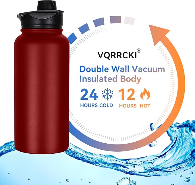 32 oz Insulated Water Bottle Bulk 4 Pack, Stainless Steel Sports Water Bottles with Straw Lid & Wide Mouth Lids, Double Walled Vacuum, Leak Proof, Red