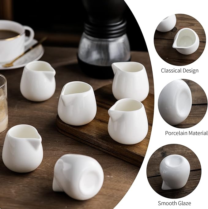 OMAYKEY 3 OZ 6-pcs Mini Porcelain Creamer, Small Ceramic Cream Pitcher Sauce Pitcher Sets Serving for Coffee Tea Milk - White