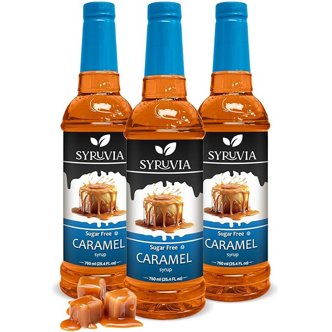 SYRUVIA Syruvia Sugar-Free Caramel Coffee Syrup – 25.4 fl oz - Syrup for Coffee, Lattes, Shakes, Smoothies, Desserts – 100% Vegan, Gluten Free, Kosher, No-Calorie Coffee Syrup, (Pack of 3)