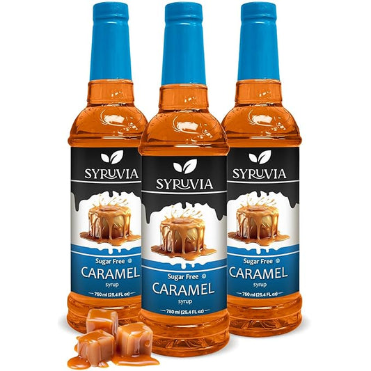 SYRUVIA Syruvia Sugar-Free Caramel Coffee Syrup – 25.4 fl oz - Syrup for Coffee, Lattes, Shakes, Smoothies, Desserts – 100% Vegan, Gluten Free, Kosher, No-Calorie Coffee Syrup, (Pack of 3)