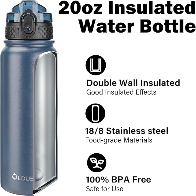 Oldley Insulated Water Bottle 20oz Water Bottles with Straw, Stainless Steel Water Bottle with 3 Lids, Double Wall Vacuum Bottels for Adults Kids,Leak-Proof Sport Bottles for School Travel, Navy Blue