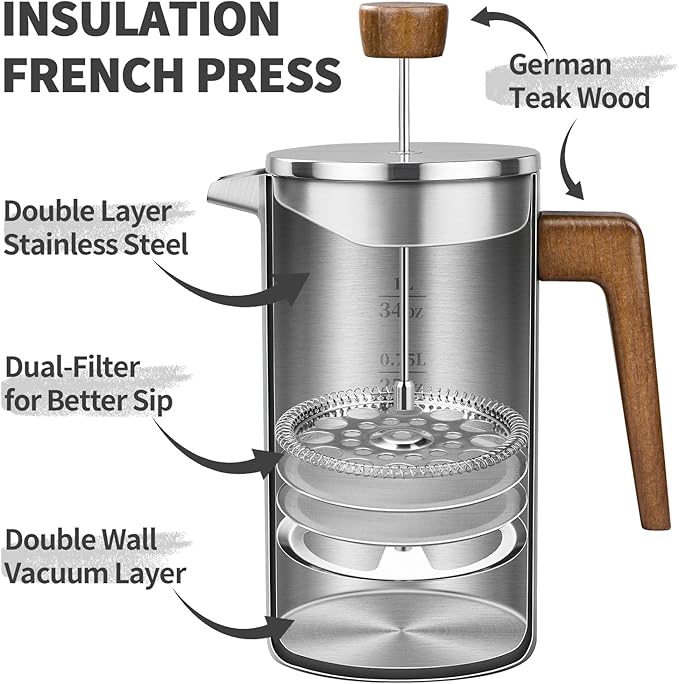 shoxil French Press Coffee Maker, 34oz Stainless Steel Coffee Press Real Wood Handle, Double Wall Insulated French Coffee Press with Dual-Filter Screen, Perfect for Camping & Kitchen Use
