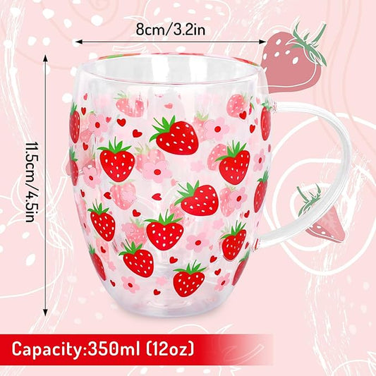 JarThenaAMCS Strawberry Double Wall Glass Coffee Mugs 12Oz Sweet Berry Flower Insulated Glasses Clear Espresso Cups with Handle for Home Holiday Supplies, Set of 2