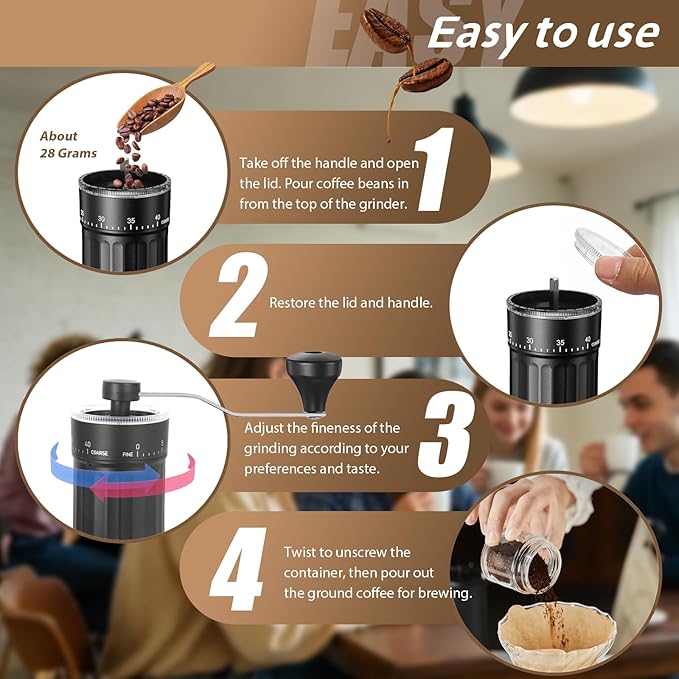 EZLucky Manual Coffee Grinder with 40 External Adjustments, 30g Capacity Hand-Crank Bean Mill, Compact Conical Burr Grinder for Espresso, Pour Over, French Press, Travel/Camping/Office