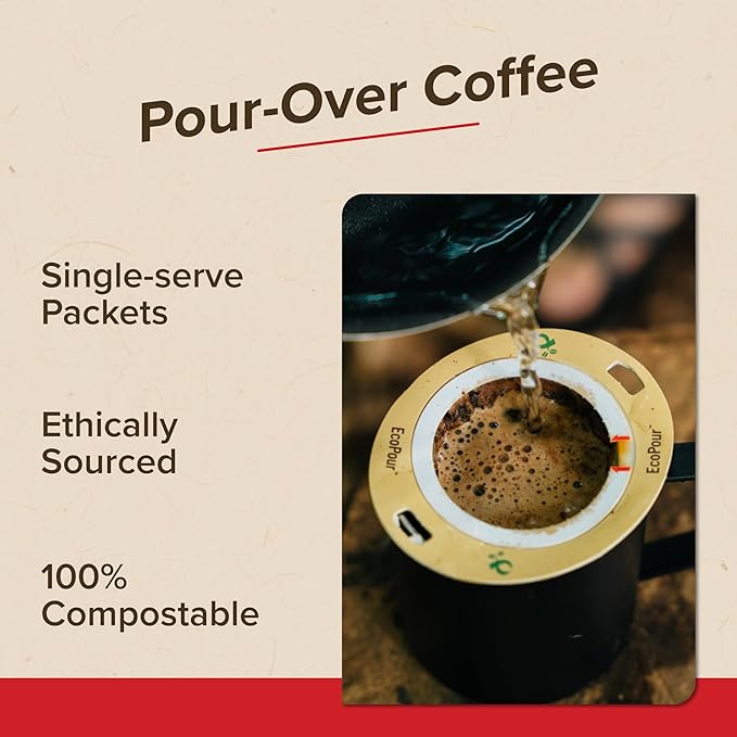 Coulée EcoPour Doc's Blend Coffee, All Paper Single Serve Pour Over Arabic Coffee, Dark Roast, Use for Camping or Traveling, Pre Filled Compostable Filters, Ready to Brew with Hot Water, Plastic Free, 10 Pack