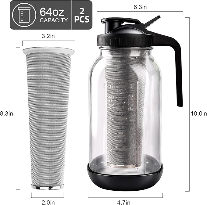 RuileMei Cold Brew Coffee Maker,2 Pcs 64 oz mason jar pour spout lid, coffee carafe,Refillable Stainless Steel Filter,Non-slip silicone sleeve for glass pitcher, Homemade Beverage