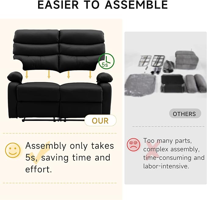 Reclining Loveseat, PU Leather Double Recliner Sofa with Side Pocket, Wall Hugger Loveseat Recliner for Living Room, RV, Home Theater(Black)