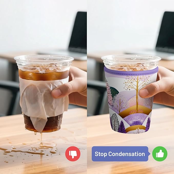 Iced Coffee Sleeve Reusable Cup Sleeves for Cold Drinks Neoprene Koozie Cozy Plastic Cup Covers for Drinks, Boho