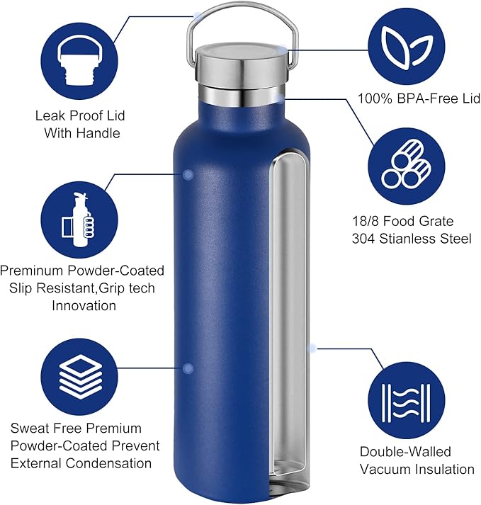 Neihepal 20 oz Insulated Water Bottles,Stainless Steel Double Wall Sport Bottle with Lid of Handle (8, Navy)