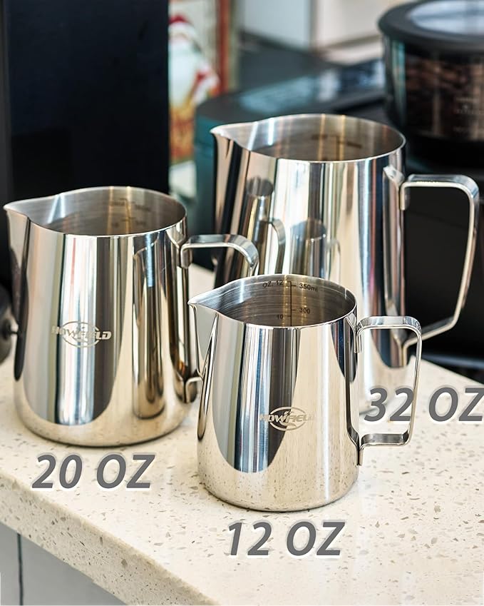 12oz Milk Frothing Pitcher, Stainless Steel with Latte Art Spout & Measurement Markings for Home Baristas, Silver
