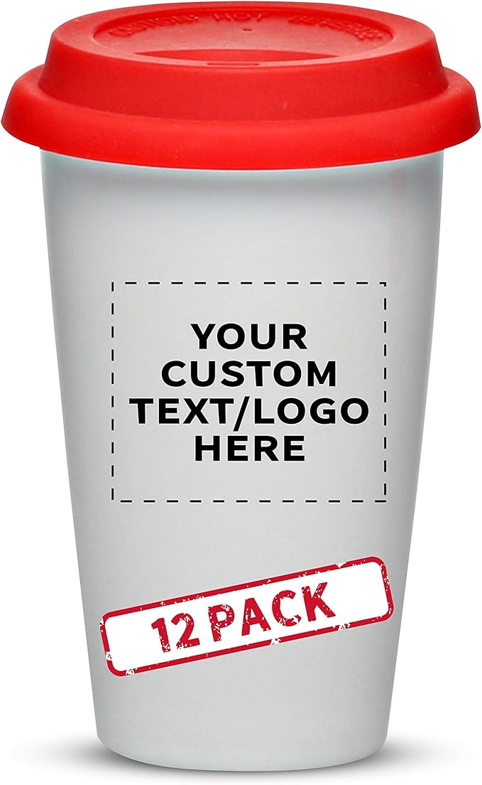 Personalized 11 oz. Double Wall Ceramic Tumblers with Lid - 12 Pack - Custom Text, Logo - Red