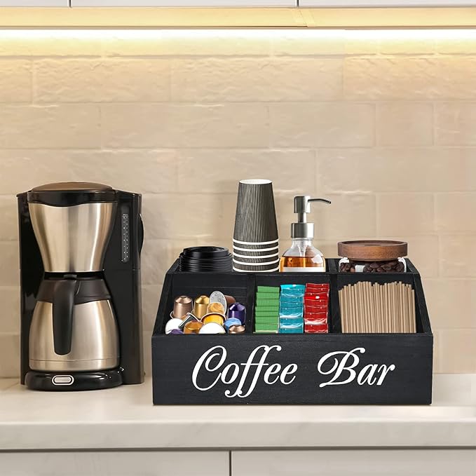 ugiftt Coffee Station Organizer for Counter, Wood Coffee Pods Holder Storage Basket, Tea Condiment Storage Organizer, Rustic Bar Decor for Accessories Organizer