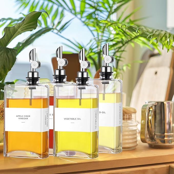 4 Pcs Olive Oil Dispenser for Kitchen, Glass Olive Bottles Oil Seasoning Bottle Set Coffee Syrup Soy Sauce Dispenser(Silver,350 ml)