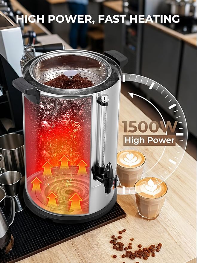FOHERE Coffee Maker 150 Cups Commercial, Coffee Urn 15 L/3.96 Gal Electric Hot Beverage Dispenser with Dripless Faucet, 1500W Power Quick Brew, Stays Hot for Coffee & Beverage, Catering, Party