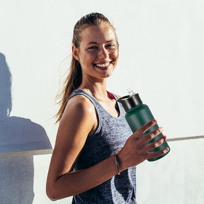 32 oz Insulated Water Bottle with Straw Lid & Wide Mouth Lids, Stainless Steel Sports Water Bottles, Double Walled Vacuum, Leak Proof, Dark Green