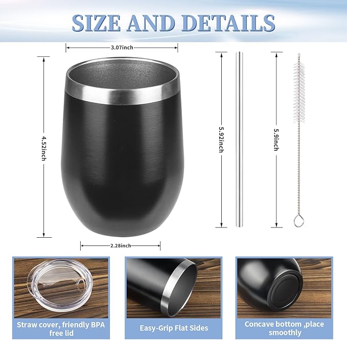 12oz/4 Pack Wine Tumbler with lid, Stainless Steel Travel Mugs Stemless Double Wall Insulated Coffee Cup, Insulated Wine Glasses Travel Tumbler for Cold & Hot Drinks(Mixed color-2, 4)
