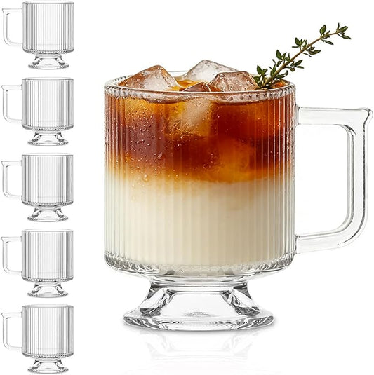 INSETLAN 6-Piece Ribbed Glass Coffee Mug Set, 10 oz Clear Glass Tea Cups with Handle, Modern Vertical Stripe Design for Everyday Drinks – Perfect for Coffee, Tea, Latte, Cappuccino, and More
