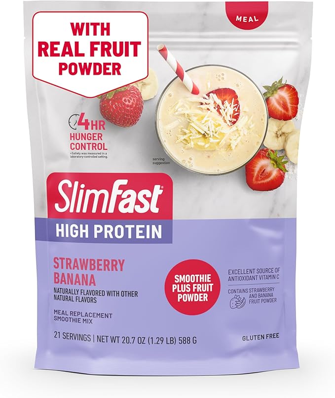 SlimFast High Protein Smoothie Mix Plus Fruit Powder, High Protein Meal Replacement Powder, Fiber, Vitamin C, 21 Servings, 1.29 Pounds, Strawberry Banana (Packaging May Vary)
