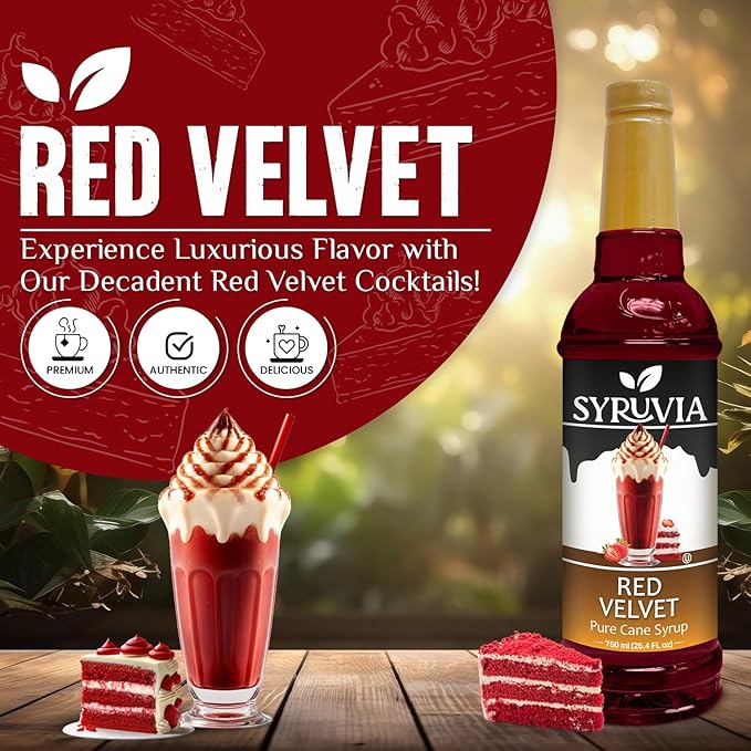 Syruvia Coffee Syrup, Red Velvet Flavored Syrup for Drinks, Lattes, and Desserts – 25.4 fl oz,