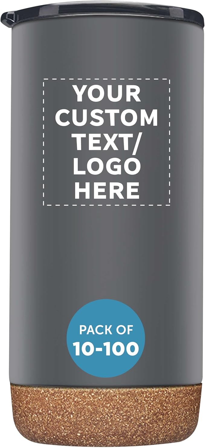 DISCOUNT PROMOS Custom Tumblers Cork Bottom 16 oz Set of 10/50/100 Personalized Bulk Pack Double Wall Insulated Matte Finish Iced Coffee Soda - Grey