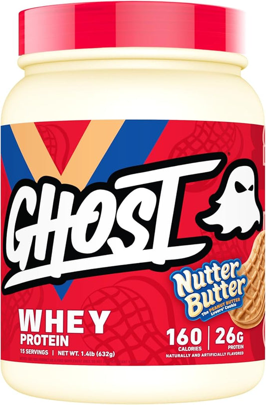 GHOST Whey Protein Powder, Nutter Butter - 1LB Tub, 26G of Protein - Flavored Isolate, Concentrate & Hydrolyzed Whey Protein Blend - Post Workout Shakes