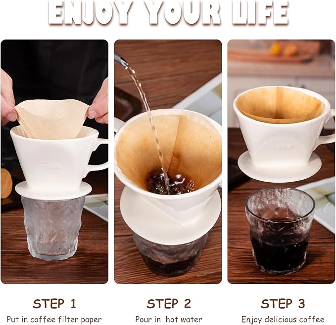 Pour Over Coffee Dripper, Ceramic Pour Over Coffee Maker with 3 Holes Flat Bottom, Easy Manual Brew Maker, Porcelain Slow Filter Cone for Travel, Camping, Office, Home, White