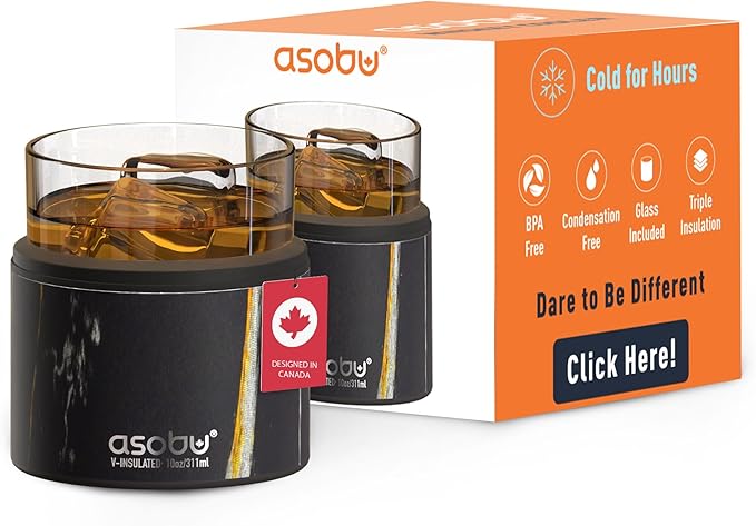 asobu Whiskey Glass with Insulated Stainless Steel Sleeve, 10.5 ounces (Midnight Marble)