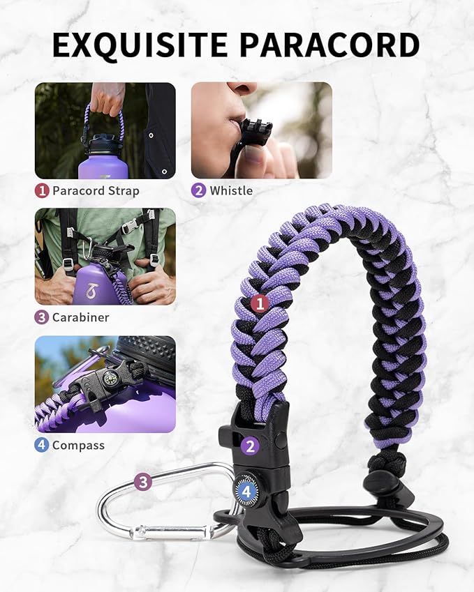Trebo Water Bottle 64oz with Paracord Handle, Half Gallon Large Vacuum Double Wall Stainless Steel Insulated Water Jug with Holder Strap Straw Spout Lids, Leakproof Keep Cold & Hot,Dark Purple