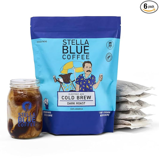 Stella Blue Cold Brew Coffee Bags, Electric Ave Blend, Dark Roast Ground Coffee, Smooth, Bold and Refreshing 100% Arabica, 6 Brew Packets, Makes 24 Cups, Rainforest Alliance Certified