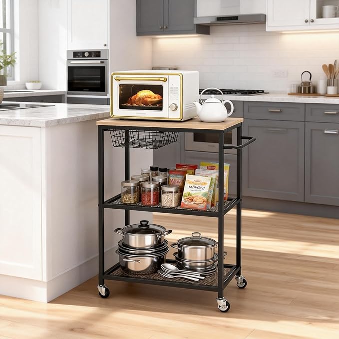 Rolling Kitchen Carts on Wheels, 3 Tier Mobile Utility Cart with Wood Tabletop Storage Cart, Metal Serving Carts with Handle and Shelf Liner for Island Restaurant Coffee Bar Living Room Office Black