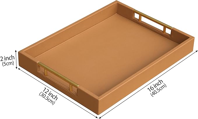 HofferRuffer Faux Leather Serving Tray with Gold Metal Handles, Stylish Decorative Tray Organizer for Coffee Table, Ottoman, Home Decor and Serving (Camel, 16.2" x 12.2" x 2")