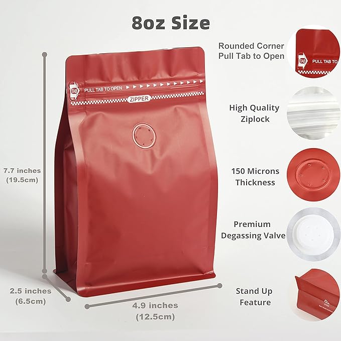 100 Count 8oz Red Coffee Bags with Aluminum Foil Liner, High Barrier Coffee Pouches with Degassing Valve, Ziplock Food Storage Bags with Pull Tape, Pack of 100, 6oz/0.5lb/250gram