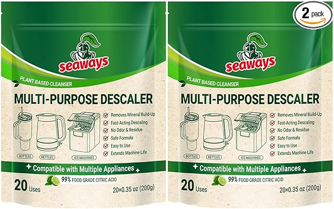 Seaways Multi-Purpose Descaler Powder (40-Uses) for Ice Maker Machine, Kettle, Tumbler, Bottles, Coffee Machine, Faucets, Shower Head, Limescale and Build-Up Remover, 20 * 0.35 oz (2 Packs)