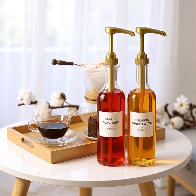 LemonRoad 2 Pack Coffee Syrup Dispenser for Coffee Bar 25.4 oz 750ml Plastic Syrup Dispenser Bottles with Bamboo Tray Pumps Scoop and Labels for Kitchen Bar Accessories