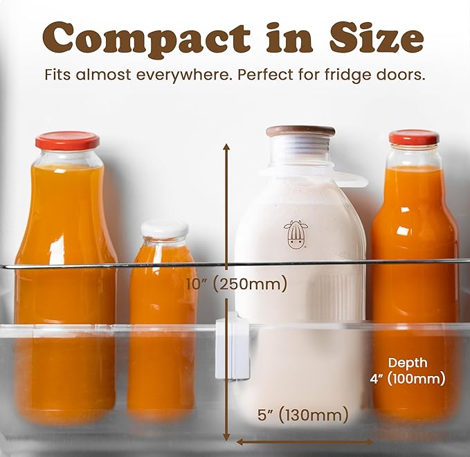 Almond Cow - Glass Pitcher with Lid and Spout, Glass Bottle Milk Container for Refrigerator, Clear Milk Jar Bottles, Food-Grade Liquid Container - 60 fl oz Capacity, 5 x 4 x 10 Inches