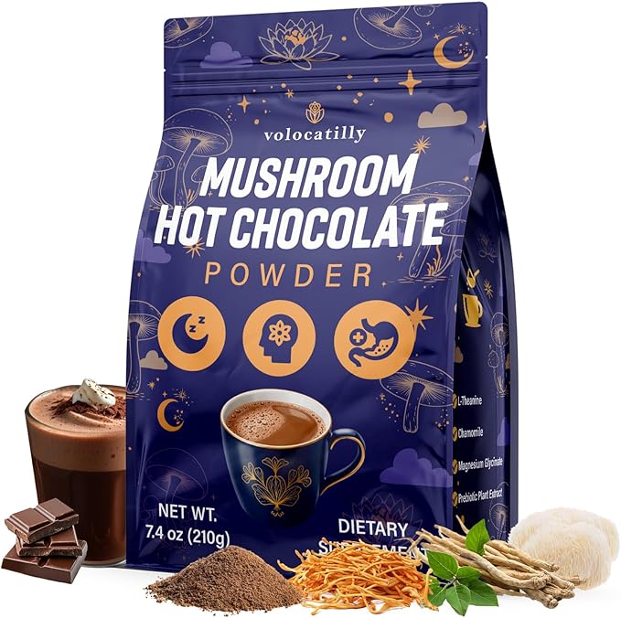 Mushroom Hot Cocoa with Magnesium Glycinate, Reishi, L-Theanine, Ashwagandha, Lemon Balm, Lavender, Cacao Powder Organic Hot Chocolate Supplement for Sleep, Relaxation, No Melatonin, Vegan, 7.4oz