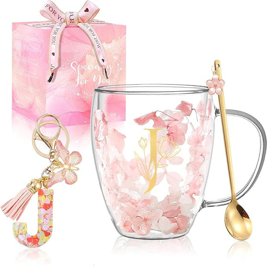 Gifts for Women Stocking Stuffers for women Flower Double Wall Glass Coffee Mug Initial Tea cup Monogrammed Customized Birthday Valentine Wedding Christmas Gift for Mom Wife Friends Sister Birde (J)