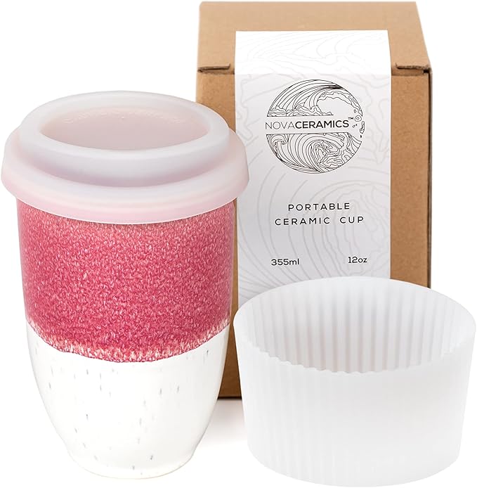 NOVA CERAMICS Travel Mugs - Ceramic Tumbler With Lid – Ceramic Travel Mug To Go Cup – Microwave & Dishwasher Safe Ceramic Coffee Tumbler - Gifts For Women Men Him Her – 12oz – Coral Pink