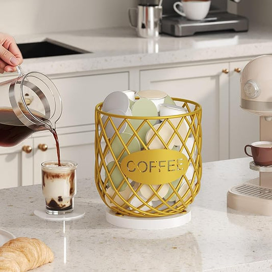 Coffee Pod Holder Organizer, Holder for K Cup, Large Capacity Coffee Pod Basket, Versatile Coffee Capsule Storage Organizer, for Kitchen Countertop, Gold and White KH09DW