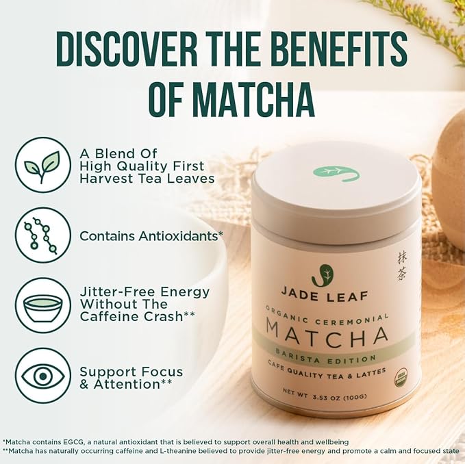 Jade Leaf Matcha Organic Premium Ceremonial Grade Matcha Green Tea Powder - Japanese - Culinary, Ingredient, Ceremonial Barista Teahouse, Latte, Collagen, 3.53 Ounce (Pack of 1), Ceremonial Teahouse Tin