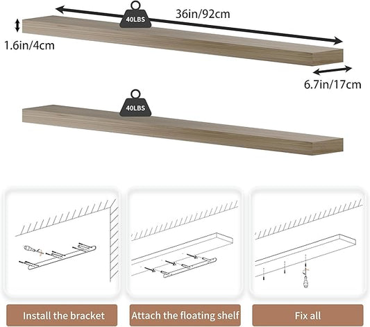 36 inch Natural Bathroom Shelves,Long Floating Shelves for Wall,Solid Wood Long Shelves Set of 2,Kitchen Wall Mounted Shelf (Natural, 36 Inch)