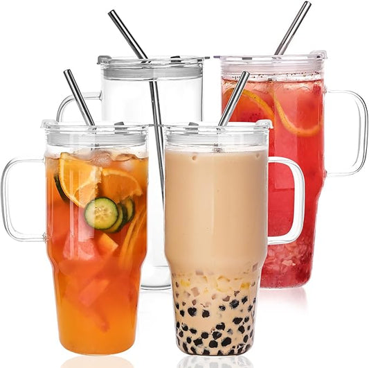 33oz Glass Tumbler with Lid and Straw, 4 Pack Glass Cup with Handle, Iced Coffee Cups, Thick Drinking Glasses Set, Clear Travel Mug for Hot and Cold Beverage, Drinks, Tea, Smoothie