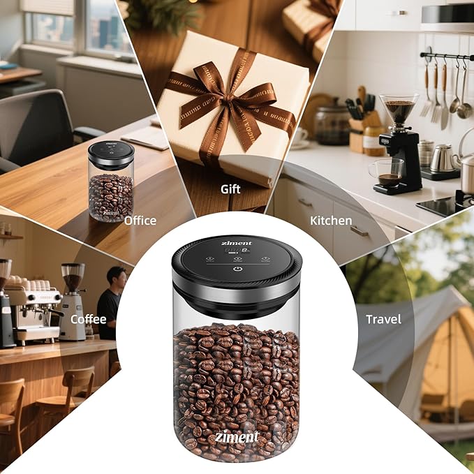 1.6L Smart Vacuum Coffee Canister, Airtight Glass Storage Container, Intelligent Air Pressure Adjustment, 4000 Hours Long Standby Time, Holds 1.1 lb/500g Coffee Beans, Tore Pasta, Snacks, Nuts