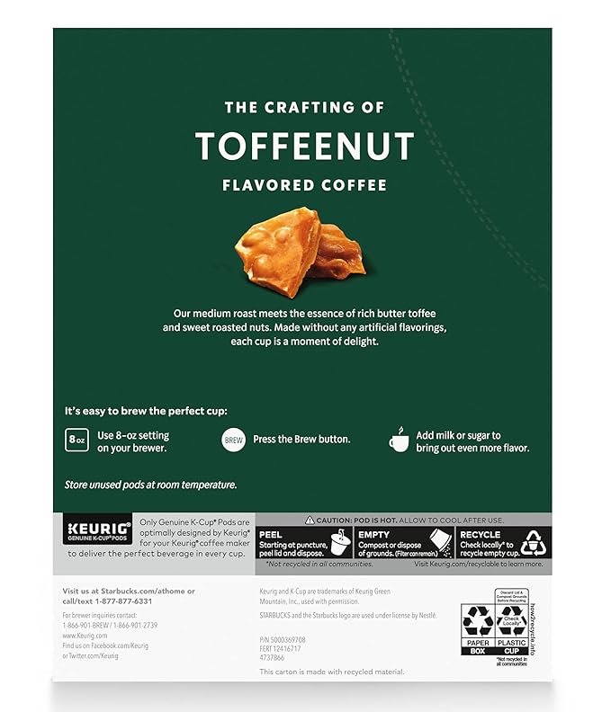 Starbucks Coffee Company Starbucks Flavored Ground Coffee K-Cup Pods, Toffeenut, Signature Collection, 100% Arabica Coffee, Recyclable K-Cups, 10 K-Cup Pods/Box (Pack of 2 Boxes)