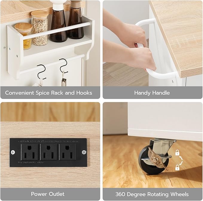 HOOBRO Kitchen Island with Power Outlet,43.3" Rolling Kitchen Island with Storage, Rolling Cart with Spice Rack and Hooks, for Dining, Living Room, White and Natural WN11UZD01