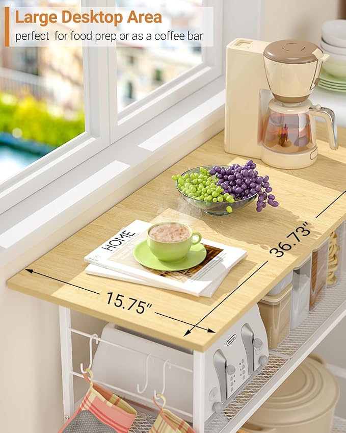 Kitchen Island with 3 Shelves, Rolling Kitchen Cart with 6 Hooks and Protective Shelf, Microwave Stand on Lockable Wheels, Bakers Rack Coffee Bar for Dining, Living Room, Outdoor, Metal Frame, White