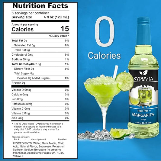 Syruvia Sugar Free Margarita Syrup, Flavored Syrup for Cocktails, Drinks, Lemonades, Iced Teas, and Desserts – 25.4 fl oz, With Pump