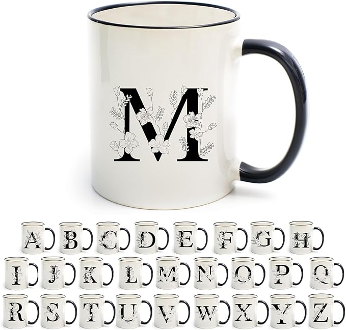 Monogram Ceramic Coffee Mugs, 11 oz Initial Drinking Cup with Gift Box, Unique Birthday Valentines Day Gifts for Women Wife Mothers Day Grandma Mom Aunt, M